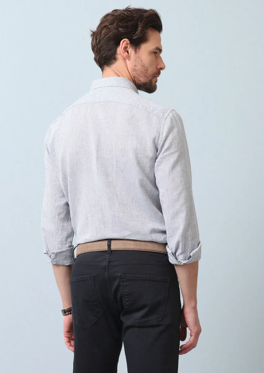 Grey Plain Regular Fit Weaving Casual Cotton Blended Shirt - 6