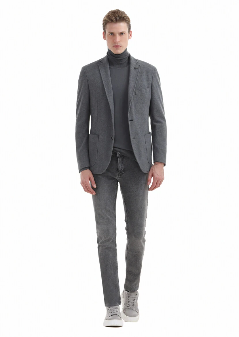 Grey Plain Shirt Shoulder Slim Fit Cotton Blended Jacket - 1