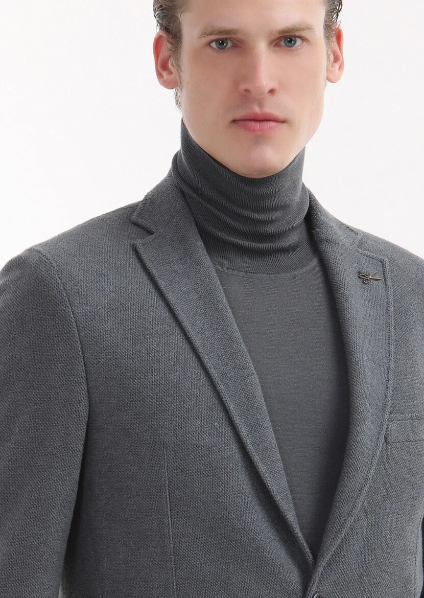 Grey Plain Shirt Shoulder Slim Fit Cotton Blended Jacket - 3