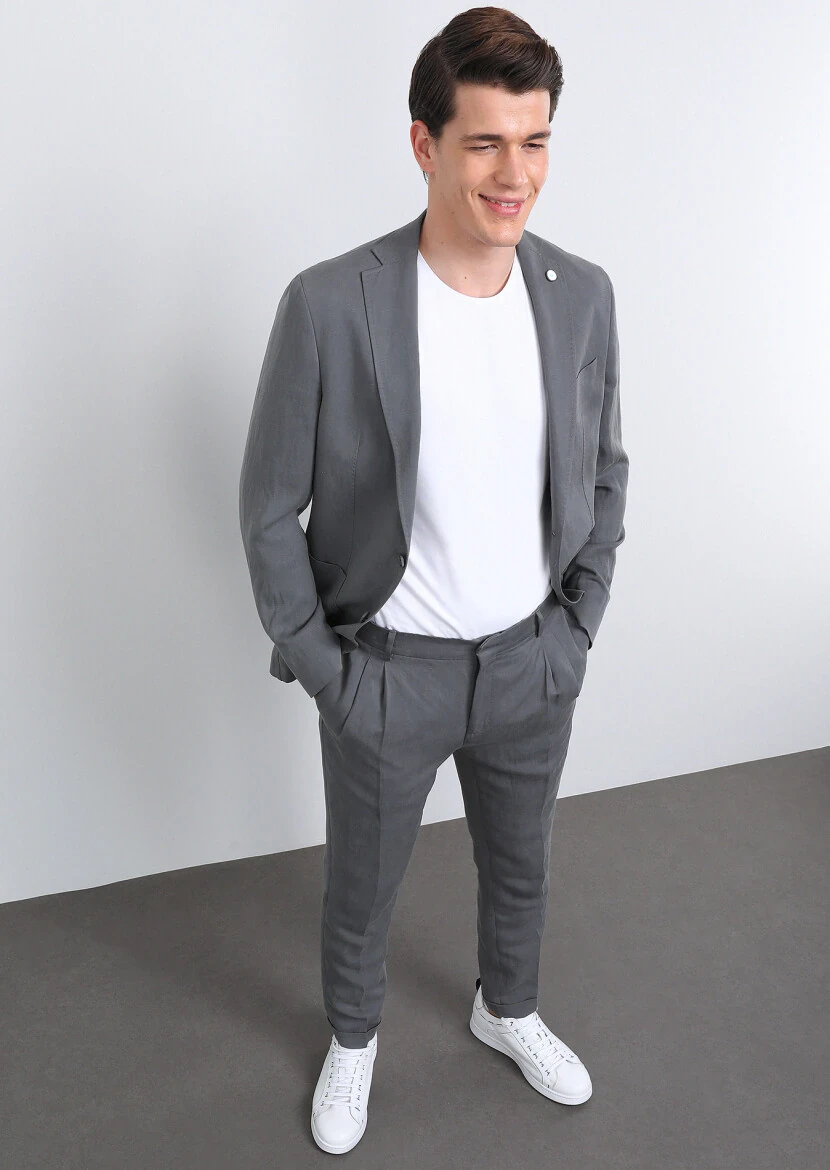 Grey Plain Shirt Shoulder Slim Fit Linen Blended Suit - 1