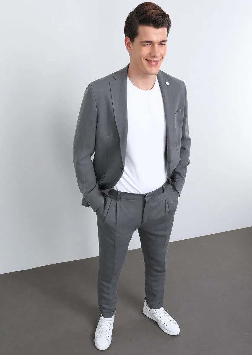 Grey Plain Shirt Shoulder Slim Fit Linen Blended Suit - 1