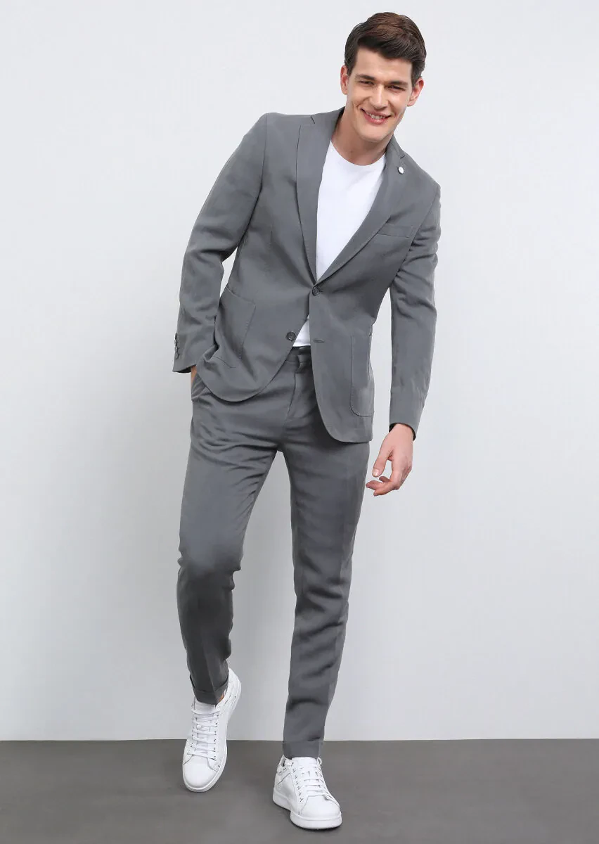 Grey Plain Shirt Shoulder Slim Fit Linen Blended Suit - 3
