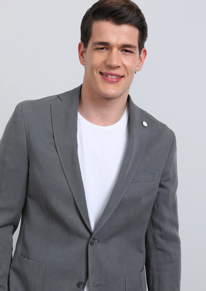 Grey Plain Shirt Shoulder Slim Fit Linen Blended Suit - 4