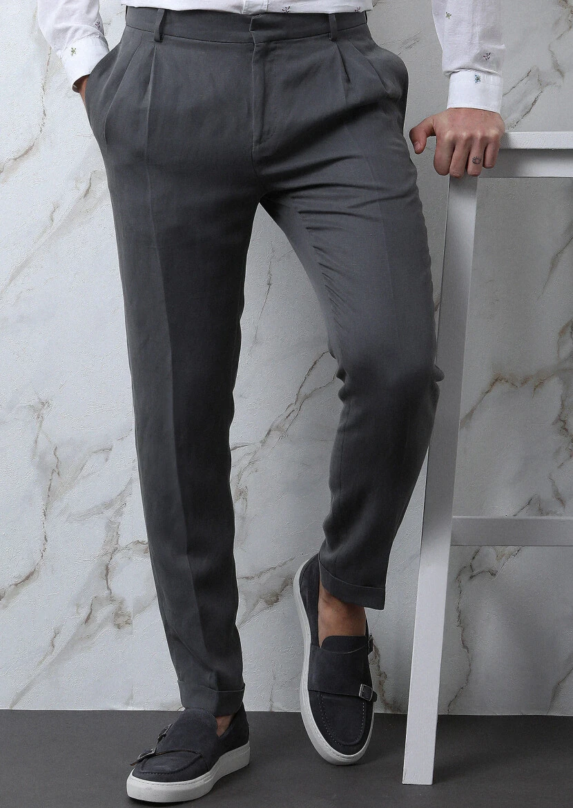 Grey Plain Shirt Shoulder Slim Fit Linen Blended Suit - 5