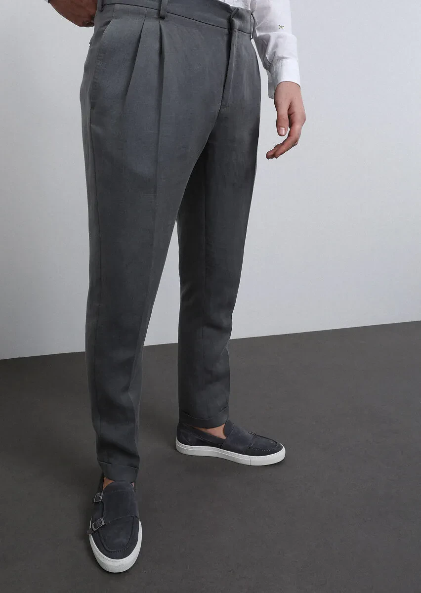 Grey Plain Shirt Shoulder Slim Fit Linen Blended Suit - 6