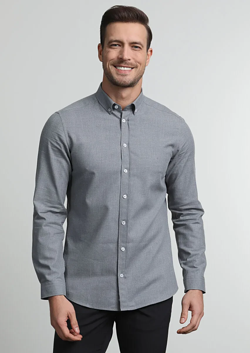 Grey Plain Slim Fit Weaving Casual 100% Cotton Shirt - 1