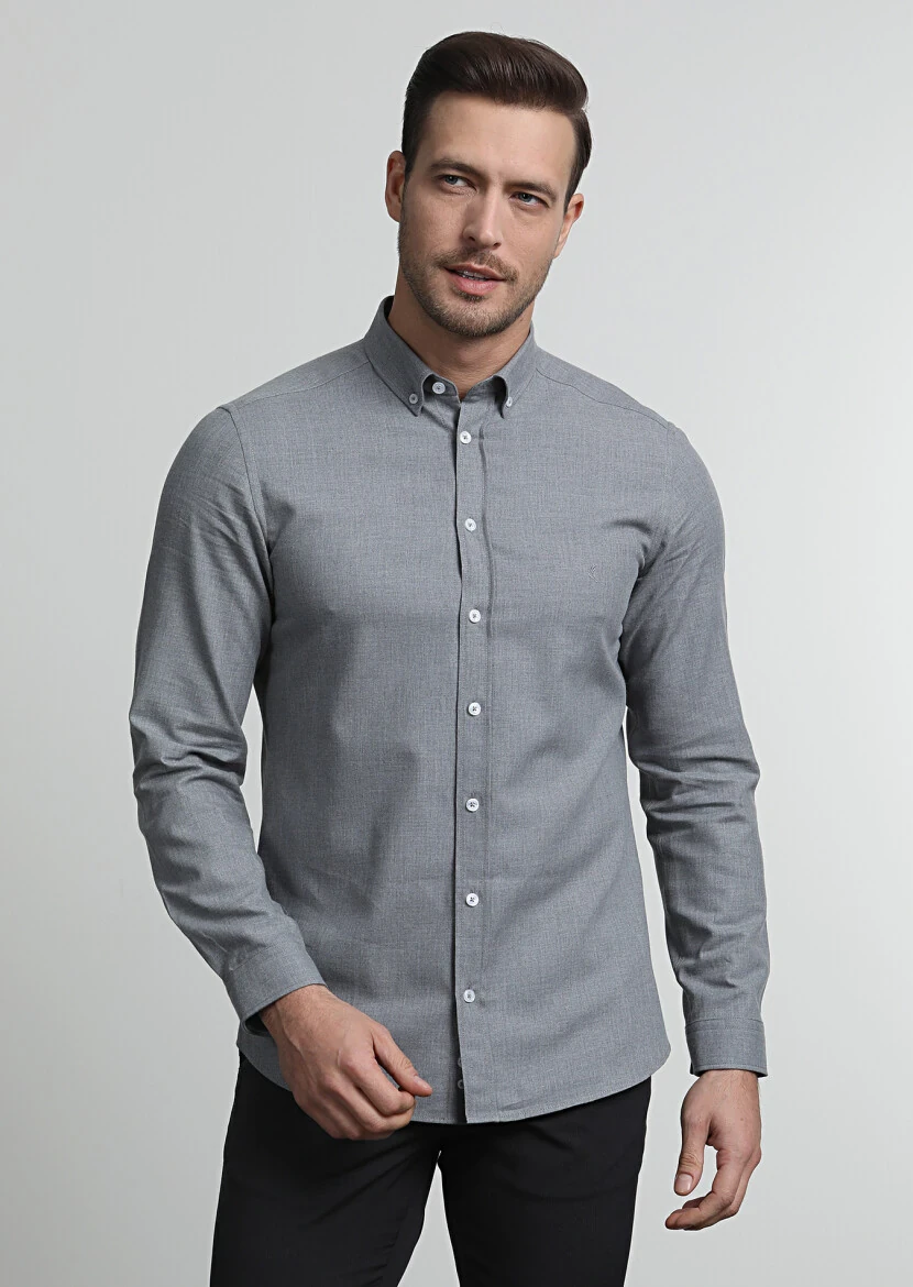 Grey Plain Slim Fit Weaving Casual 100% Cotton Shirt - 3