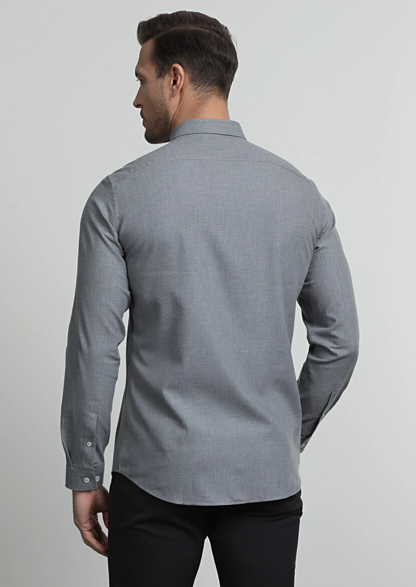 Grey Plain Slim Fit Weaving Casual 100% Cotton Shirt - 4