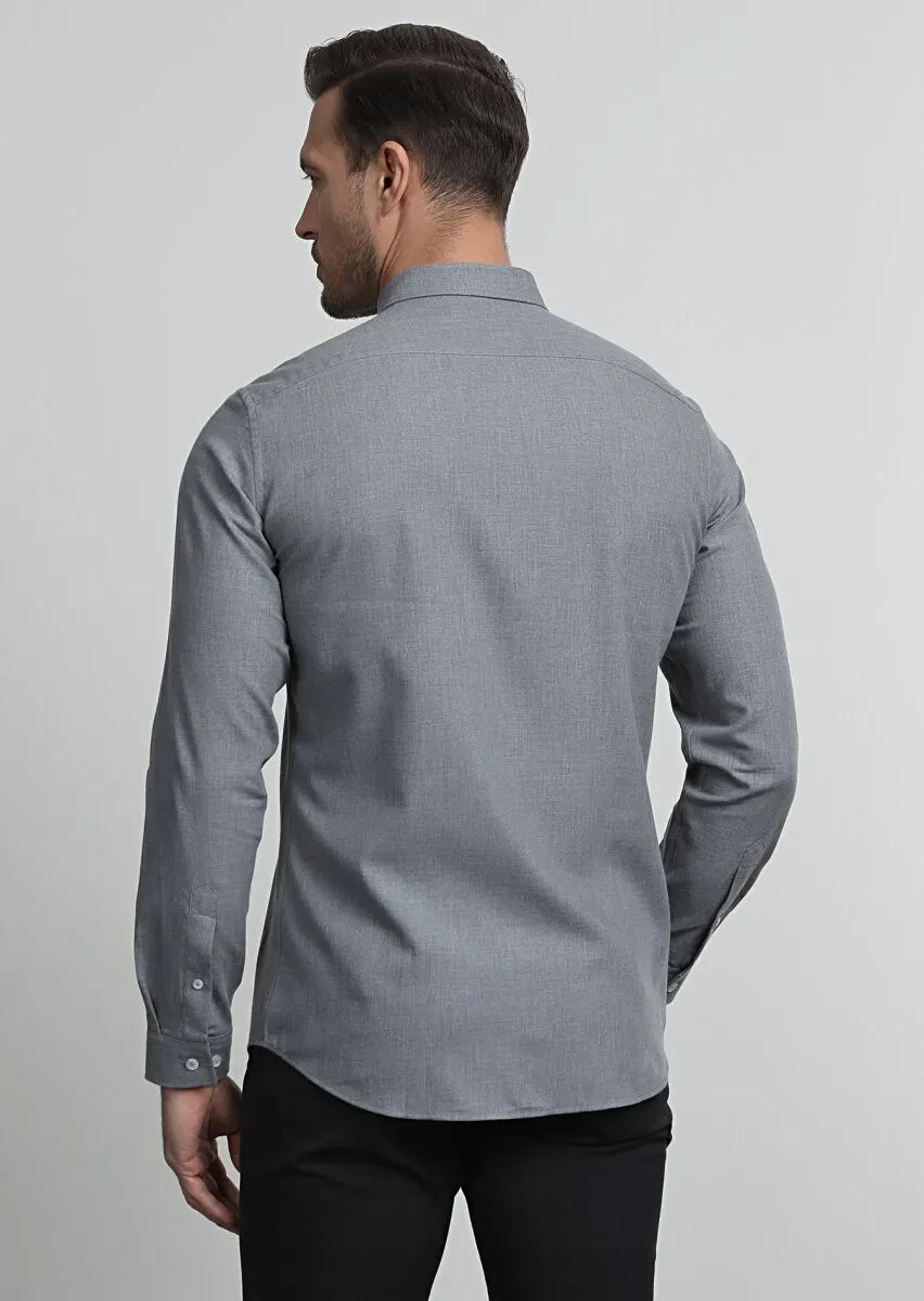 Grey Plain Slim Fit Weaving Casual 100% Cotton Shirt - 4