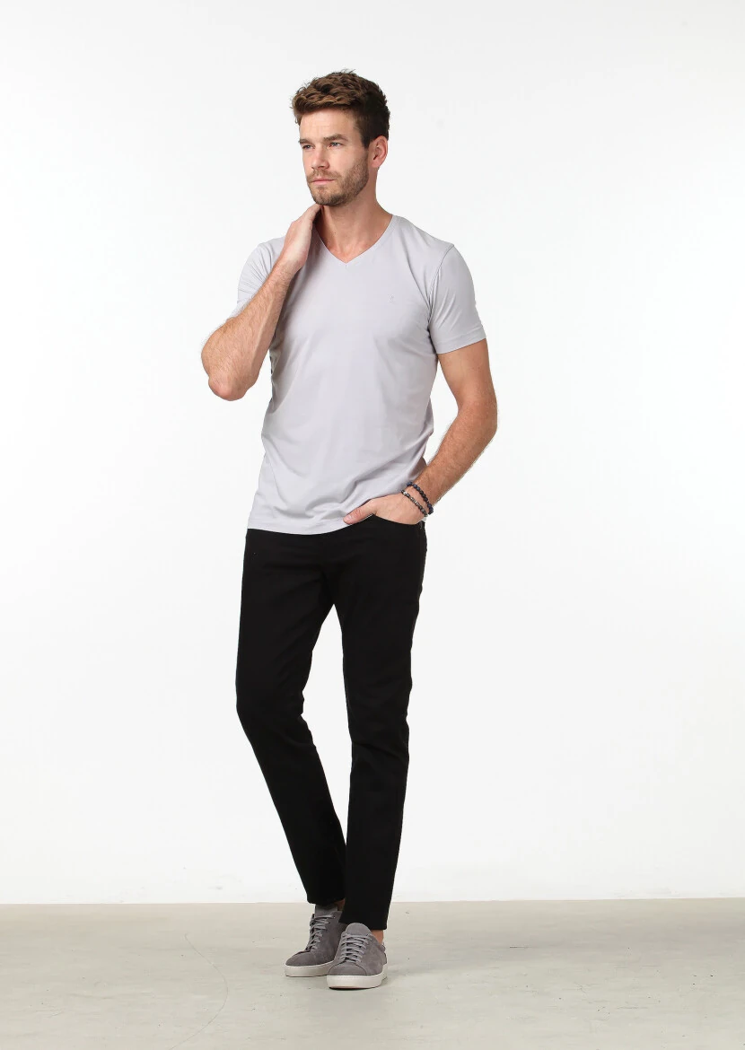Grey Plain V-Neck Cotton Blended T-Shirt 