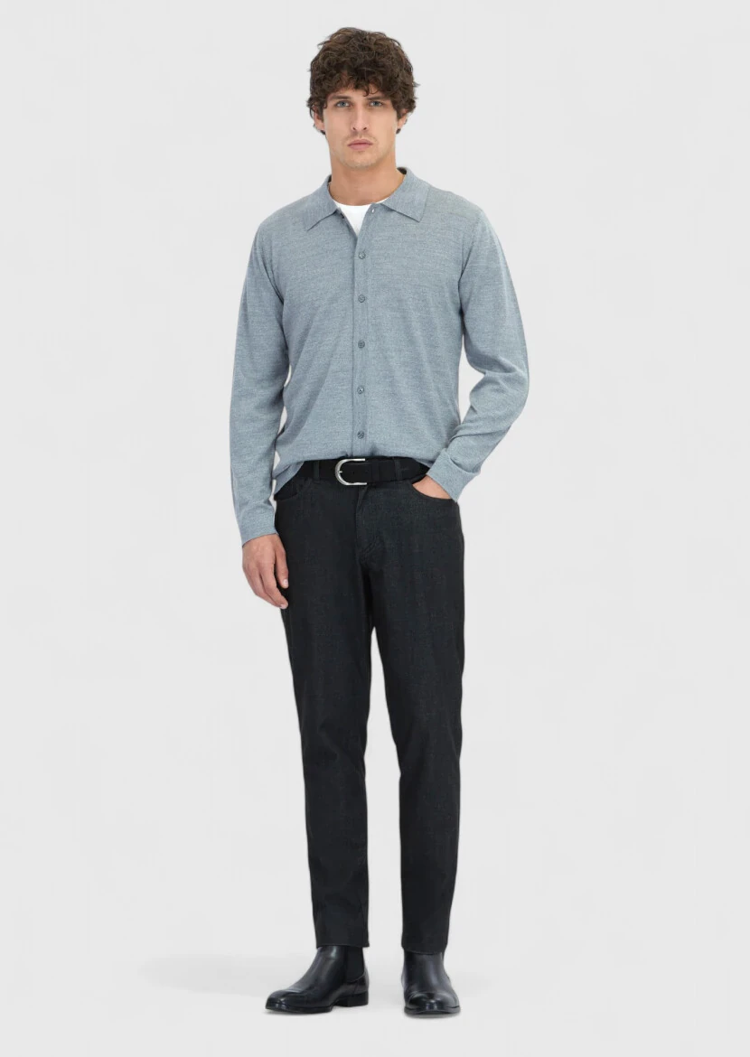 Grey Polo Neck Plain Knitting Wool Blended Cardigan - RAMSEY