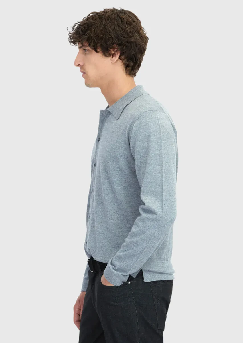 Grey Polo Neck Plain Knitting Wool Blended Cardigan - 3