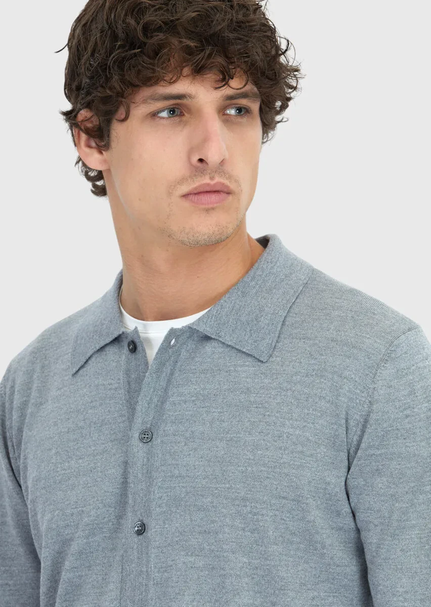 Grey Polo Neck Plain Knitting Wool Blended Cardigan - 4