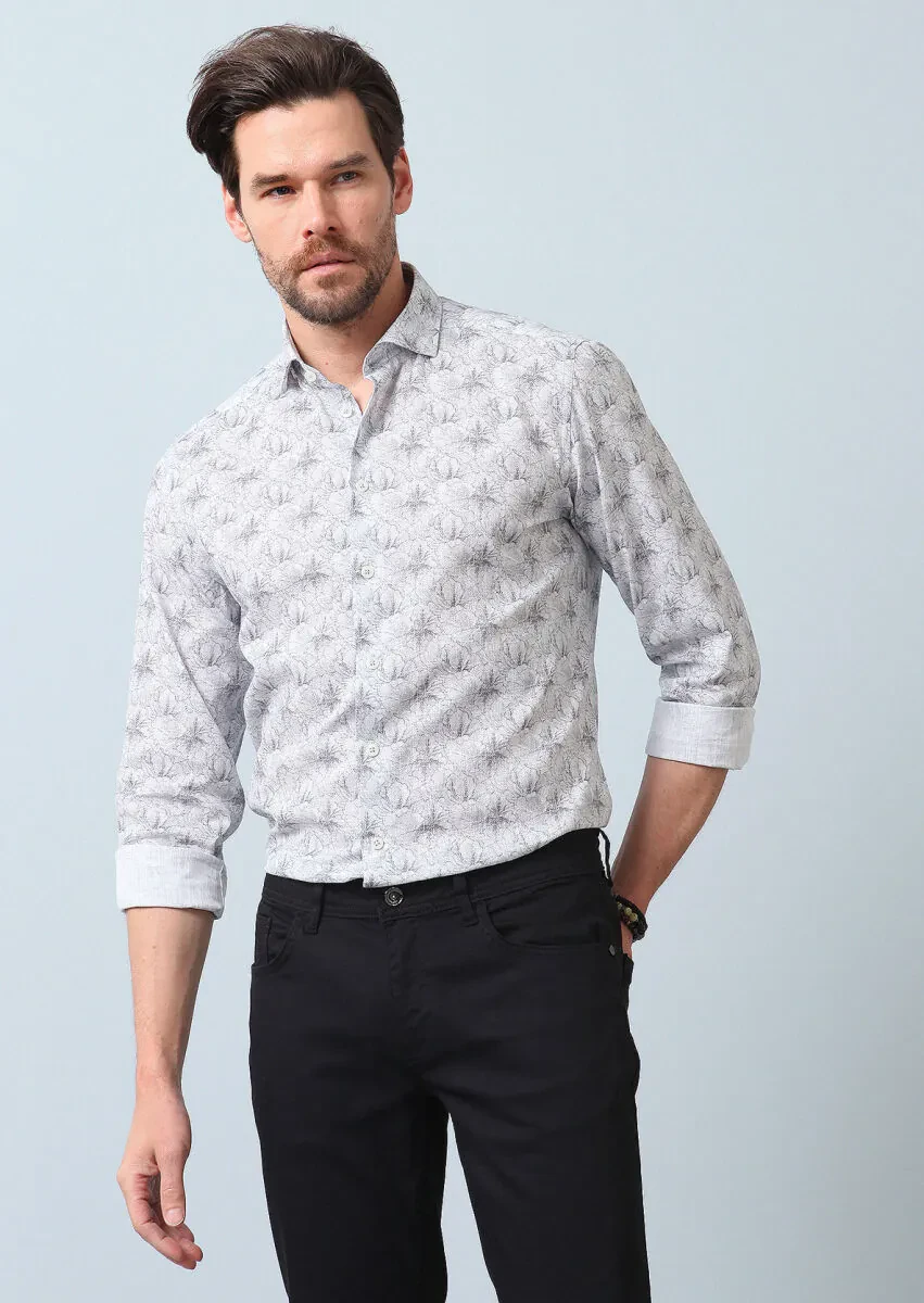 Grey Printed Regular Fit Weaving Casual 100% Cotton Shirt - 3