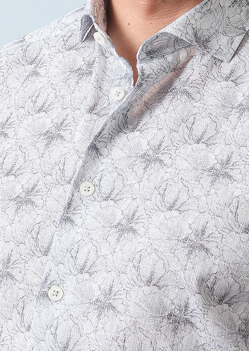 Grey Printed Regular Fit Weaving Casual 100% Cotton Shirt - 4