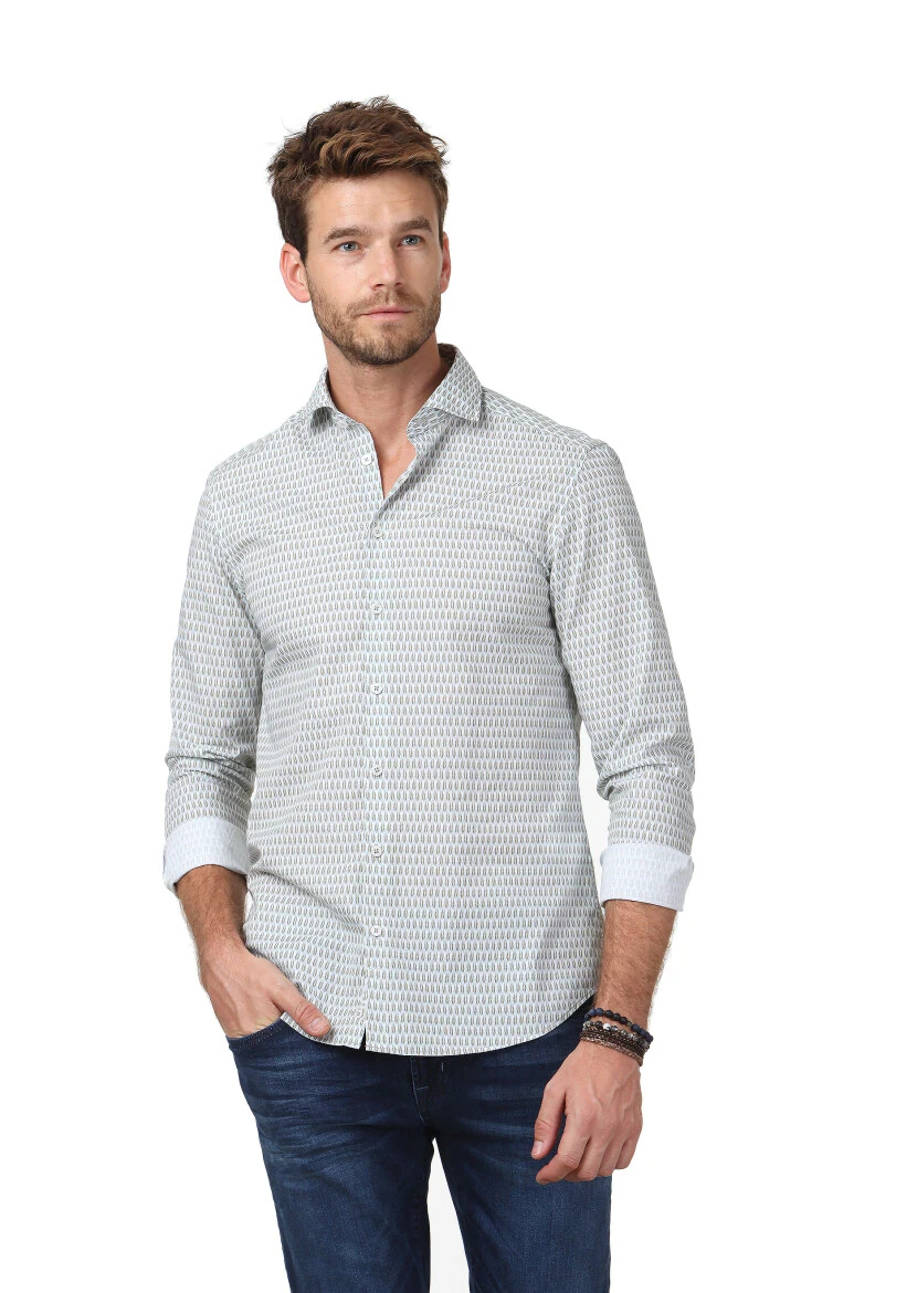 Grey Printed Slim Fit Weaving Casual 100% Cotton Shirt - 1