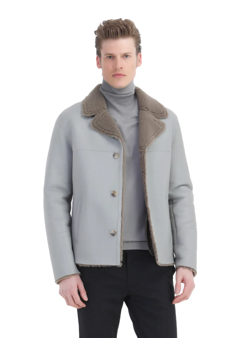 Grey Regular Fit Butterfly Collar Casual Fur Leather Coat - RAMSEY