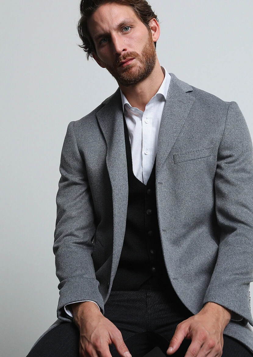 Grey Regular Fit Butterfly Collar Classical Weaving Overcoat - RAMSEY