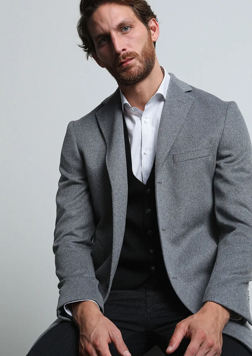 Grey Regular Fit Butterfly Collar Classical Weaving Overcoat - 2