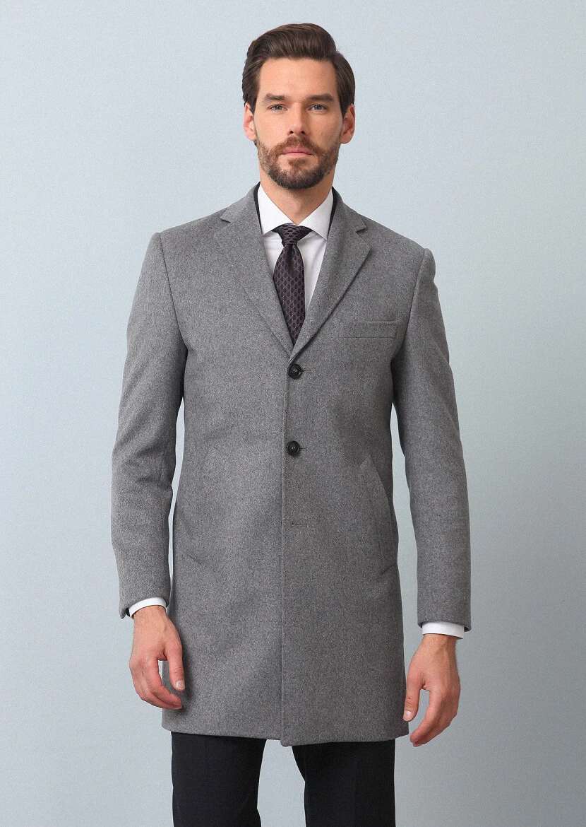Grey Regular Fit Butterfly Collar Classical Weaving Overcoat - 4