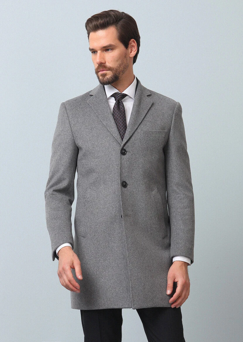 Grey Regular Fit Butterfly Collar Classical Weaving Overcoat - 3
