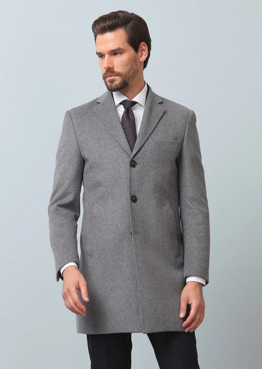 Grey Regular Fit Butterfly Collar Classical Weaving Overcoat - 3