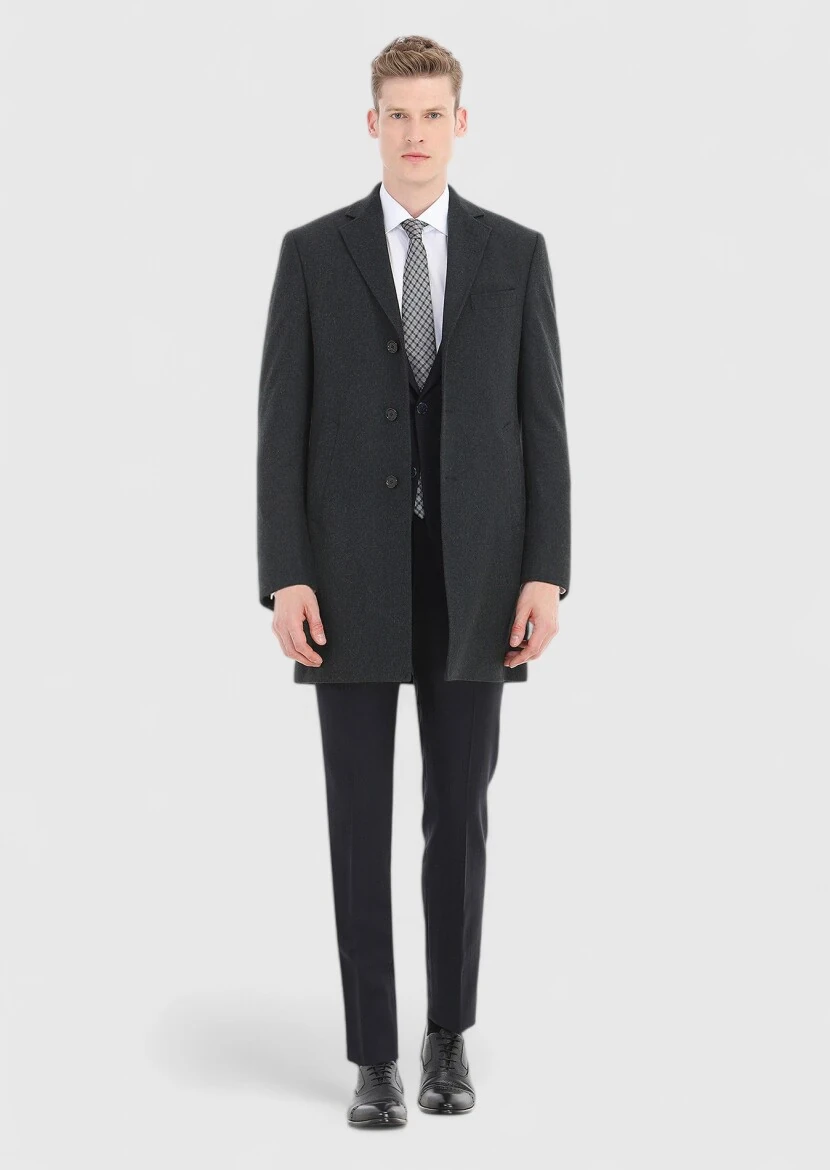 Grey Regular Fit Butterfly Collar Classical Weaving Overcoat - 1