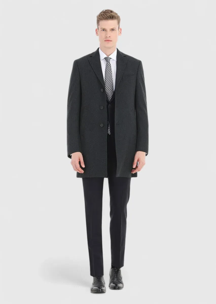 Grey Regular Fit Butterfly Collar Classical Weaving Overcoat - 1