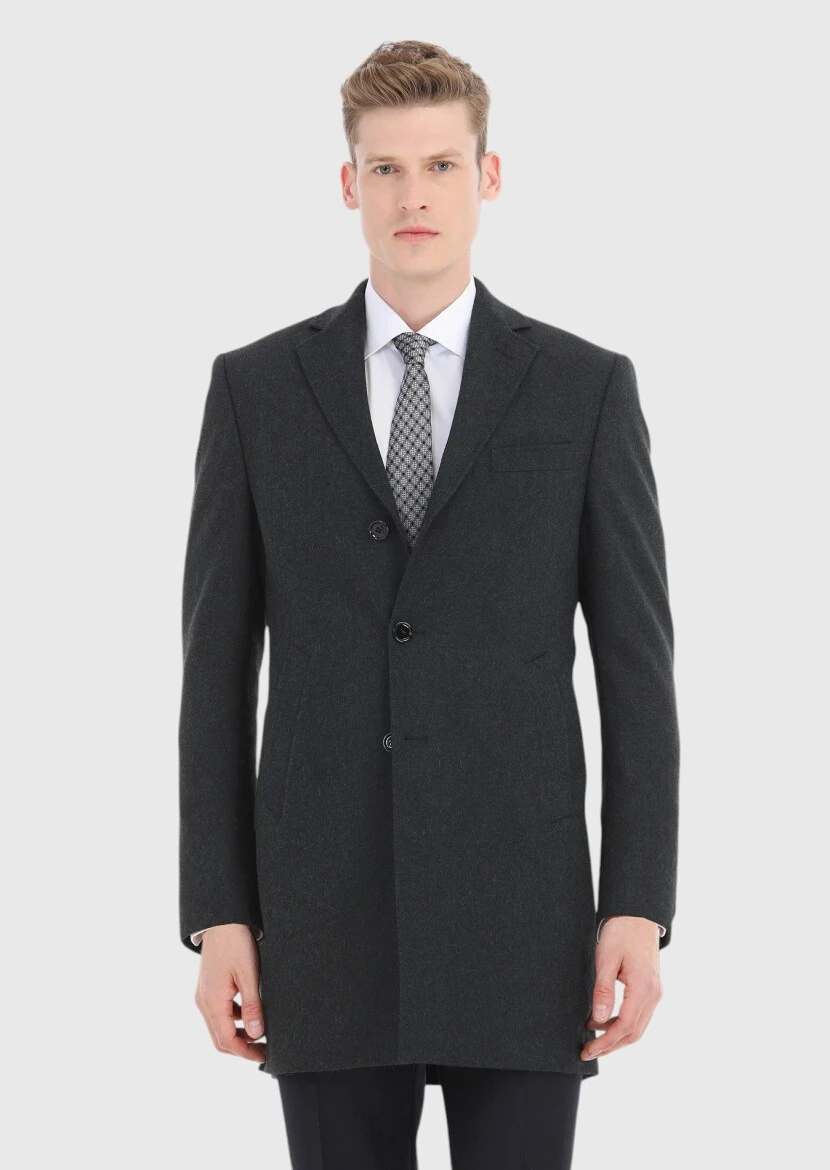 Grey Regular Fit Butterfly Collar Classical Weaving Overcoat - 2