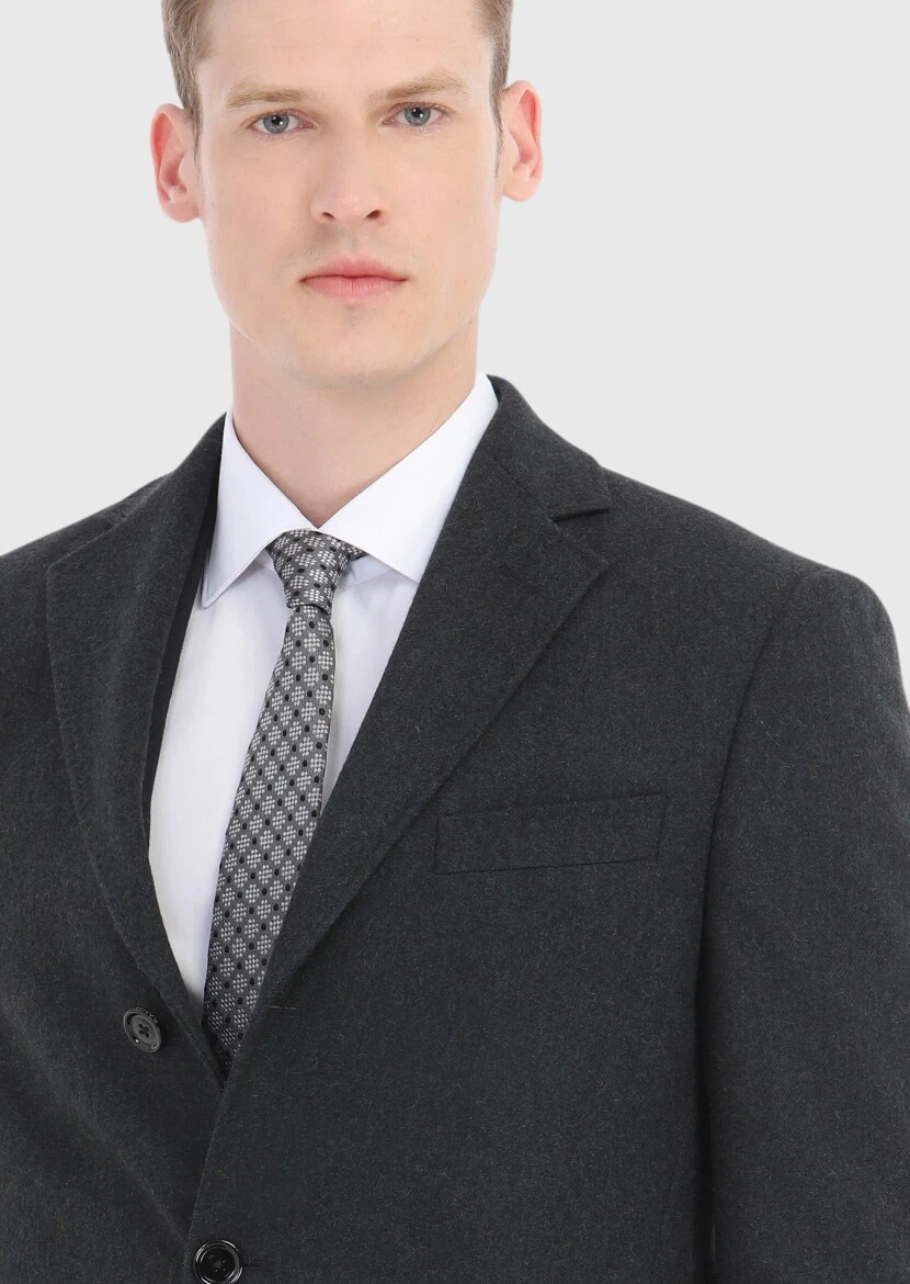 Grey Regular Fit Butterfly Collar Classical Weaving Overcoat - 3