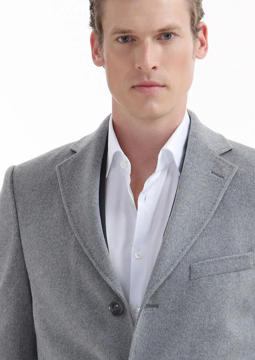 Grey Regular Fit Butterfly Collar Classical Weaving Overcoat - 3