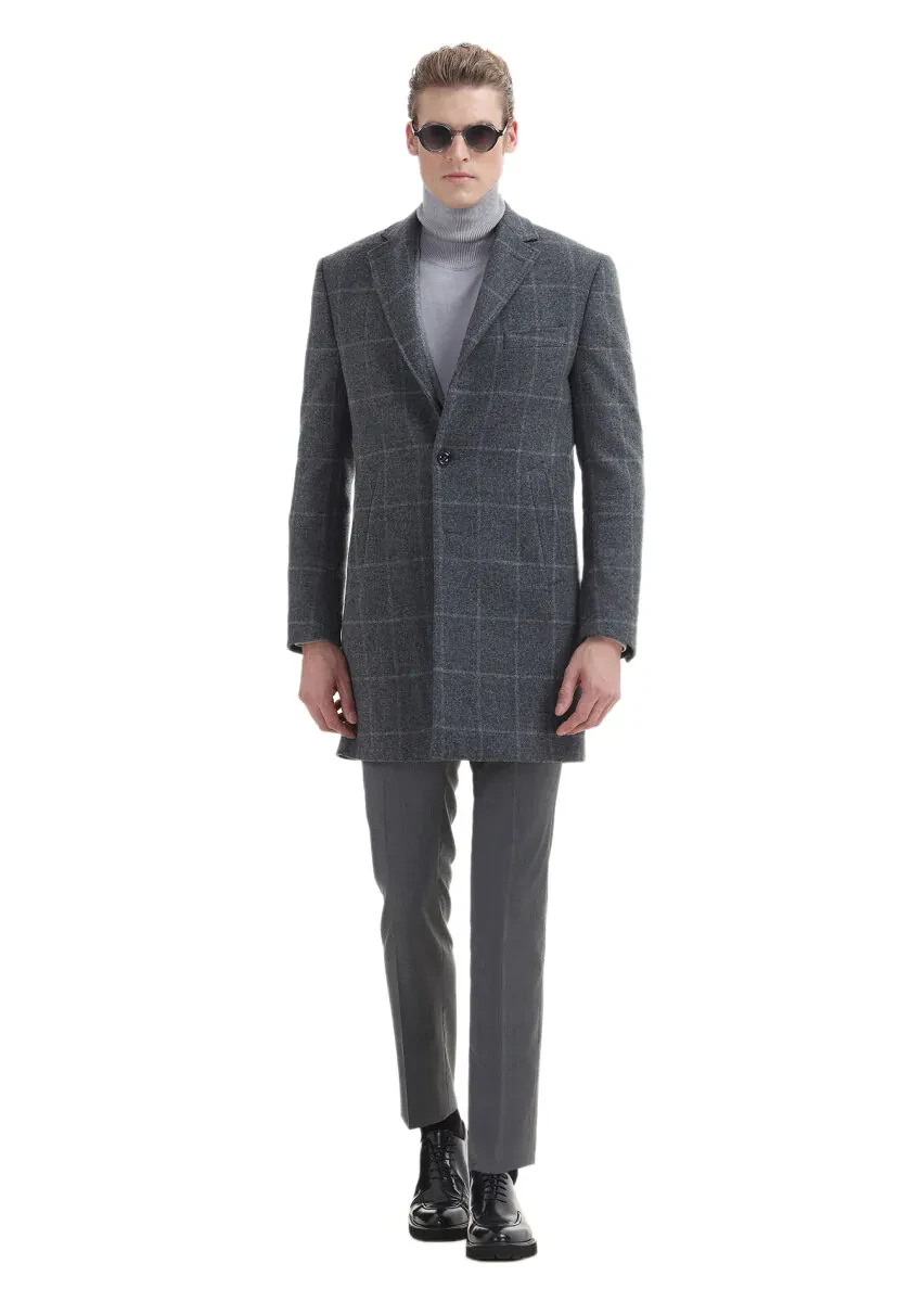 Grey Regular Fit Butterfly Collar Classical Weaving Overcoat - 1