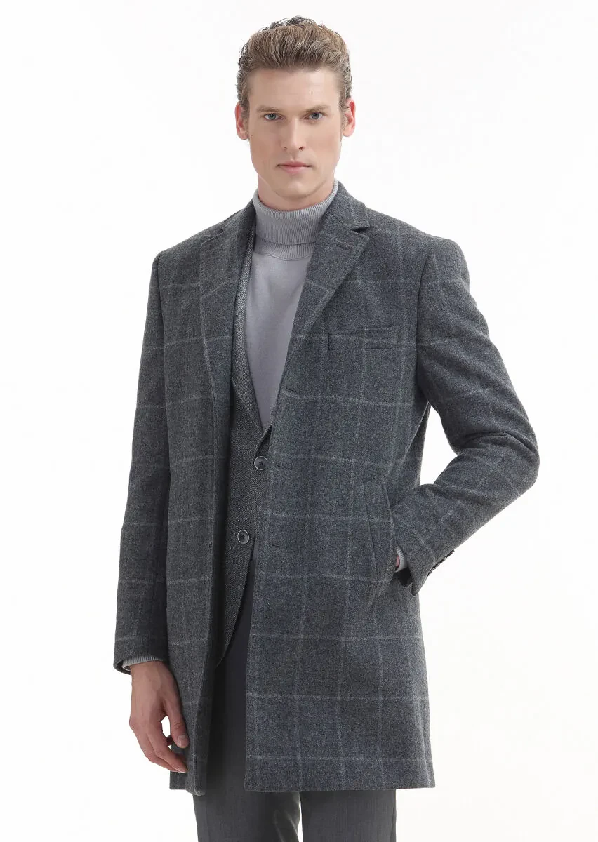 Grey Regular Fit Butterfly Collar Classical Weaving Overcoat - 3