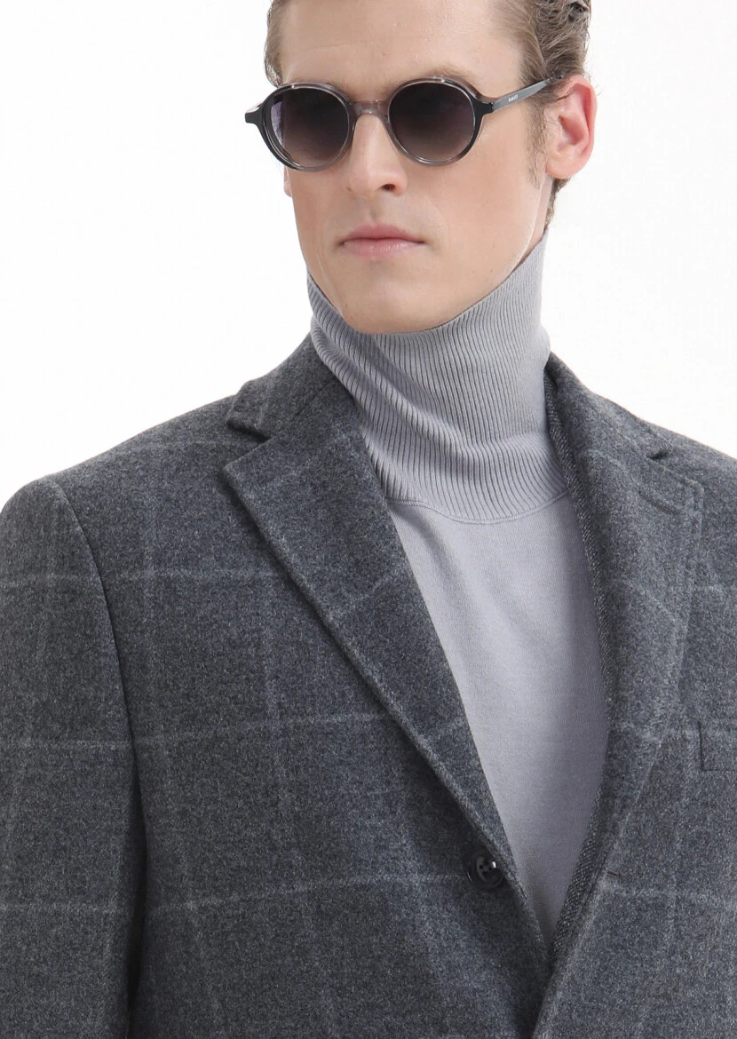 Grey Regular Fit Butterfly Collar Classical Weaving Overcoat - 4