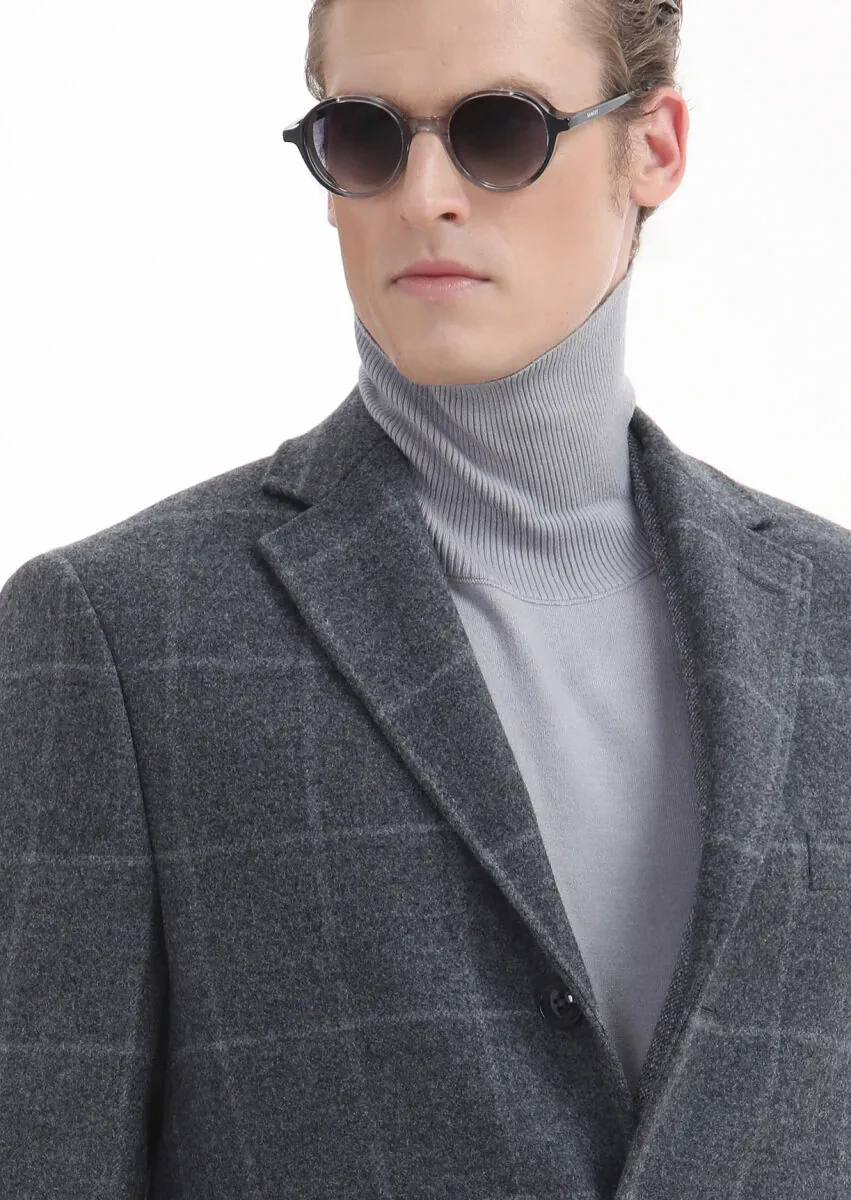 Grey Regular Fit Butterfly Collar Classical Weaving Overcoat - 4