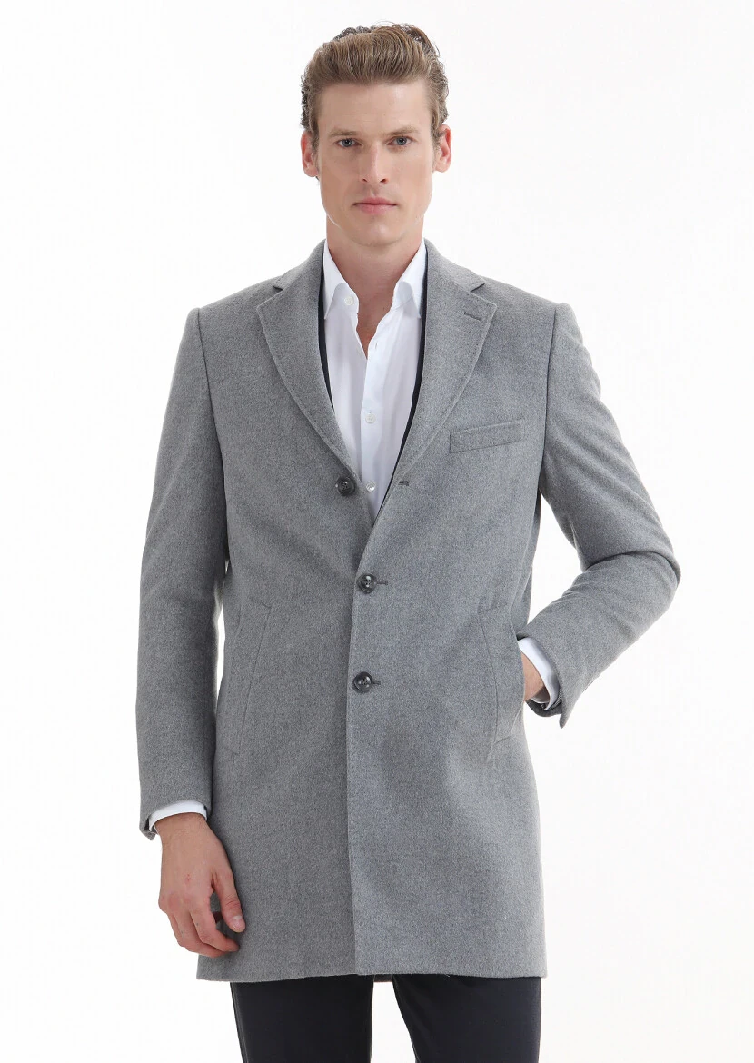 Grey Regular Fit Butterfly Collar Classical Weaving Overcoat - RAMSEY