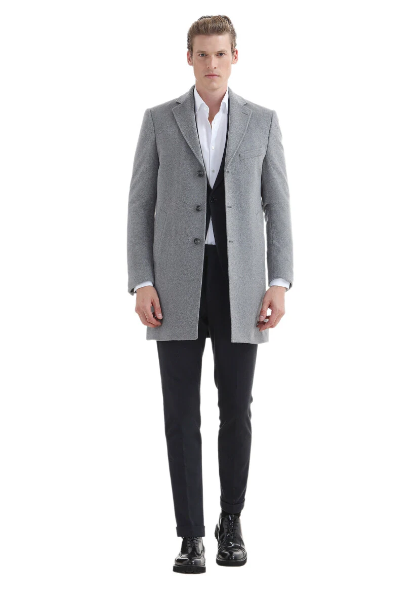 Grey Regular Fit Butterfly Collar Classical Weaving Overcoat - RAMSEY
