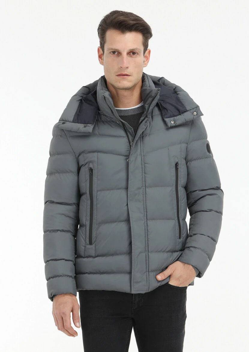 Grey Regular Fit Casual Weaving Removable Hood Coat 