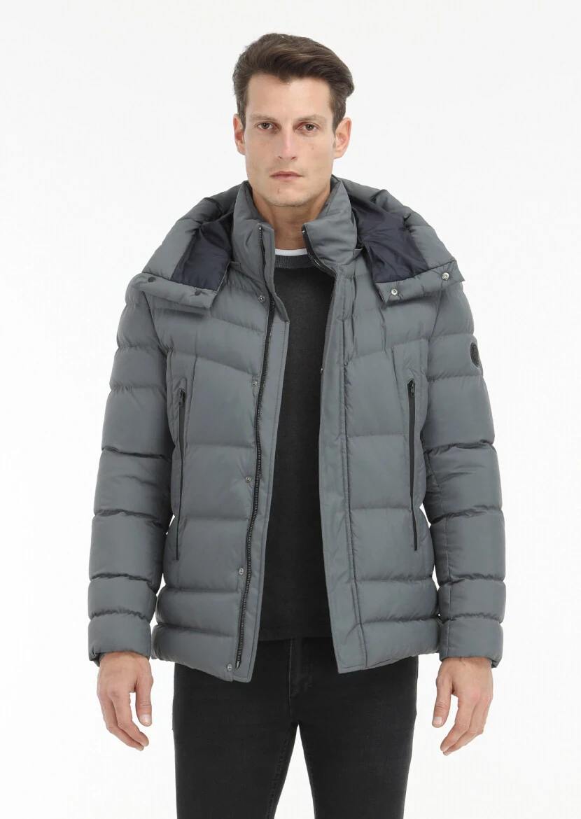 Grey Regular Fit Casual Weaving Removable Hood Coat - 3