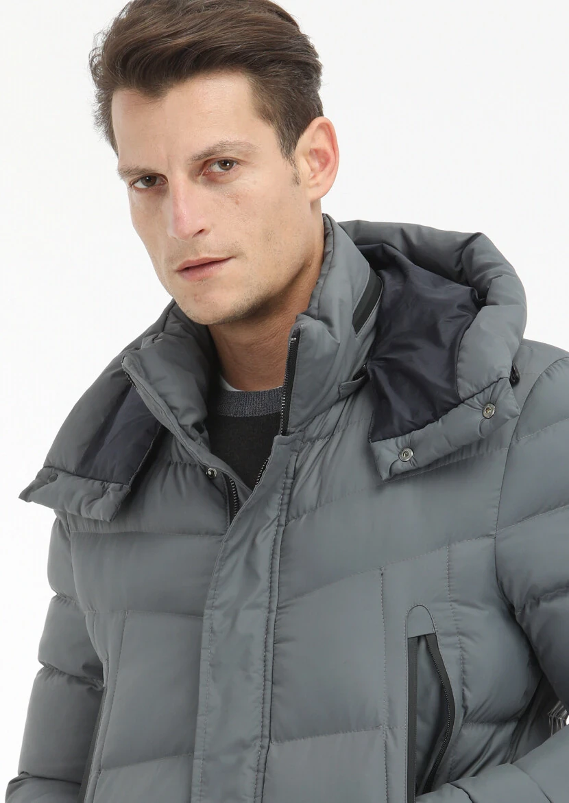 Grey Regular Fit Casual Weaving Removable Hood Coat - 4