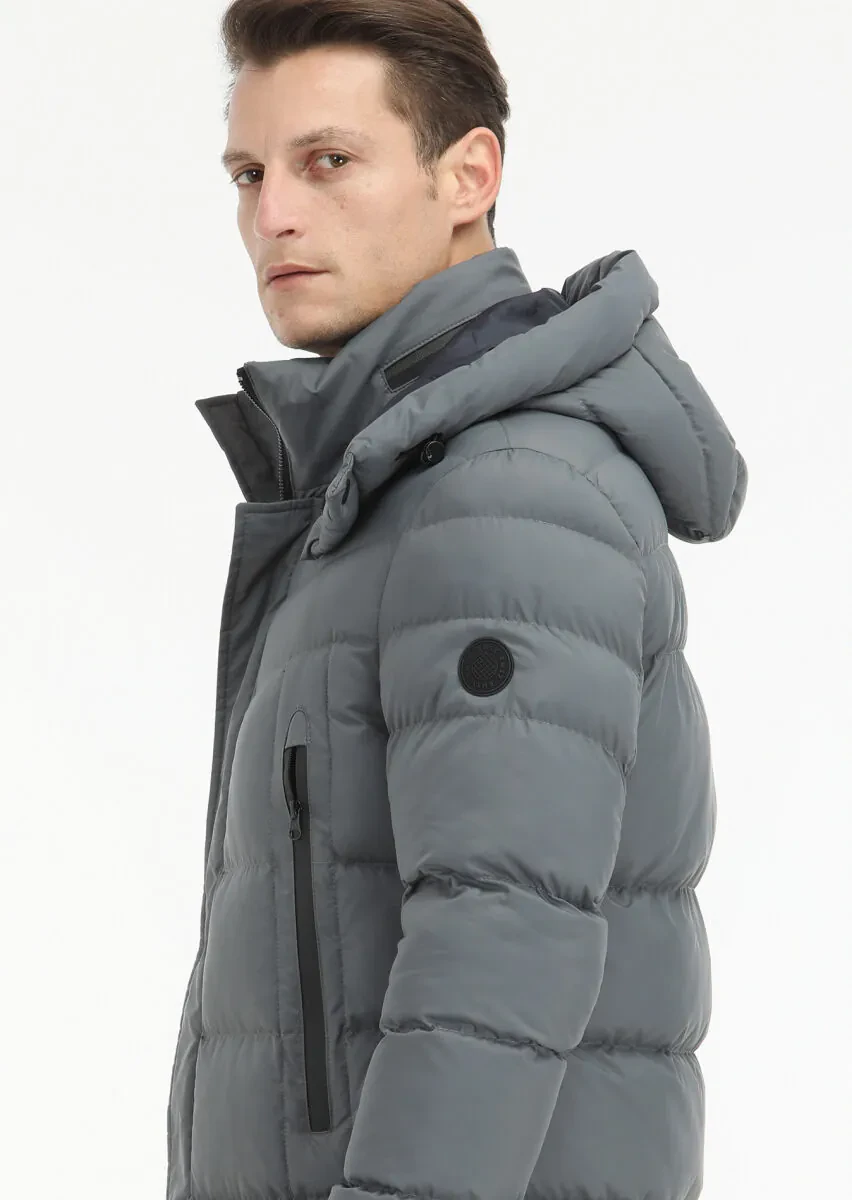 Grey Regular Fit Casual Weaving Removable Hood Coat - 5