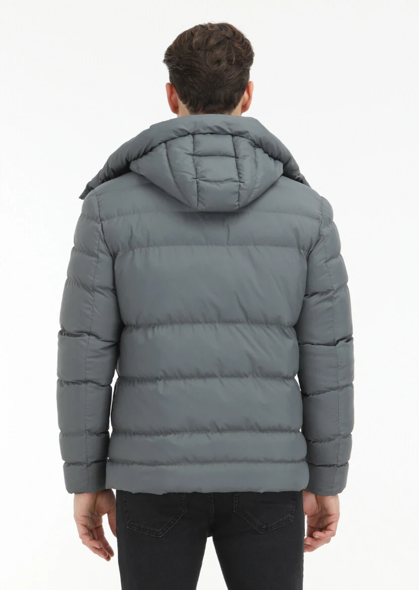 Grey Regular Fit Casual Weaving Removable Hood Coat - 6