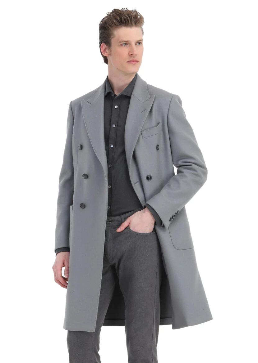 Grey Regular Fit Double Breasted Collar Casual Weaving Overcoat - 1