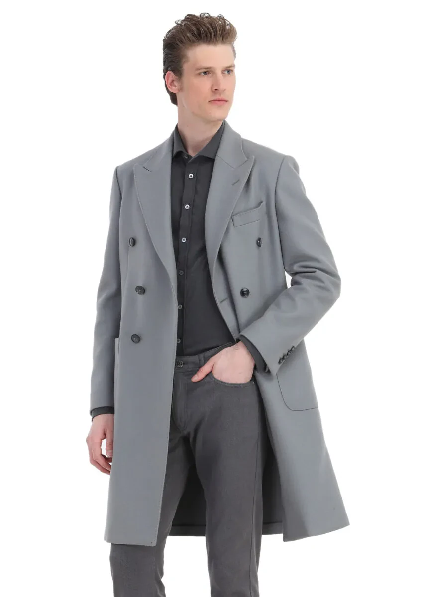 Grey Regular Fit Double Breasted Collar Casual Weaving Overcoat - 1
