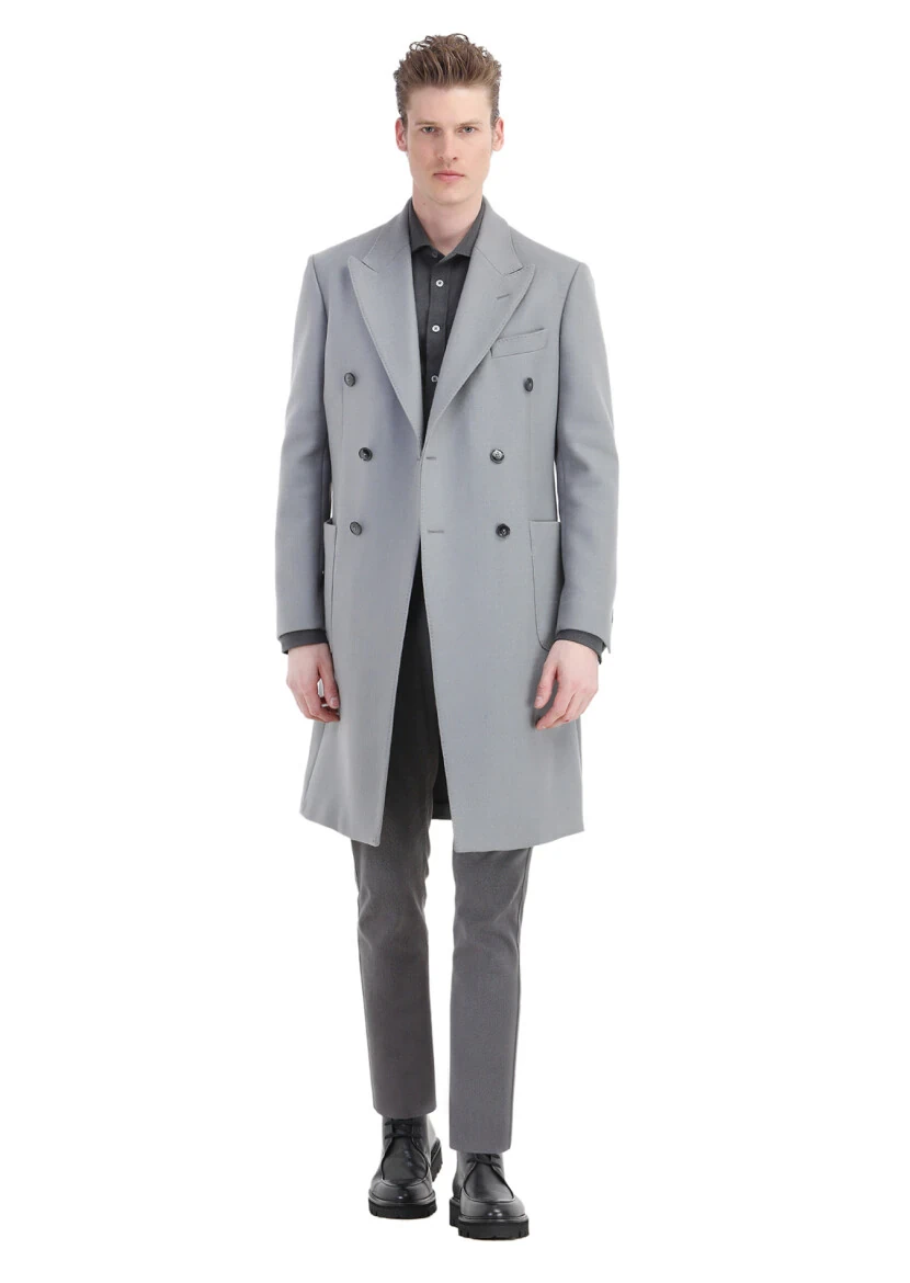 Grey Regular Fit Double Breasted Collar Casual Weaving Overcoat - 2