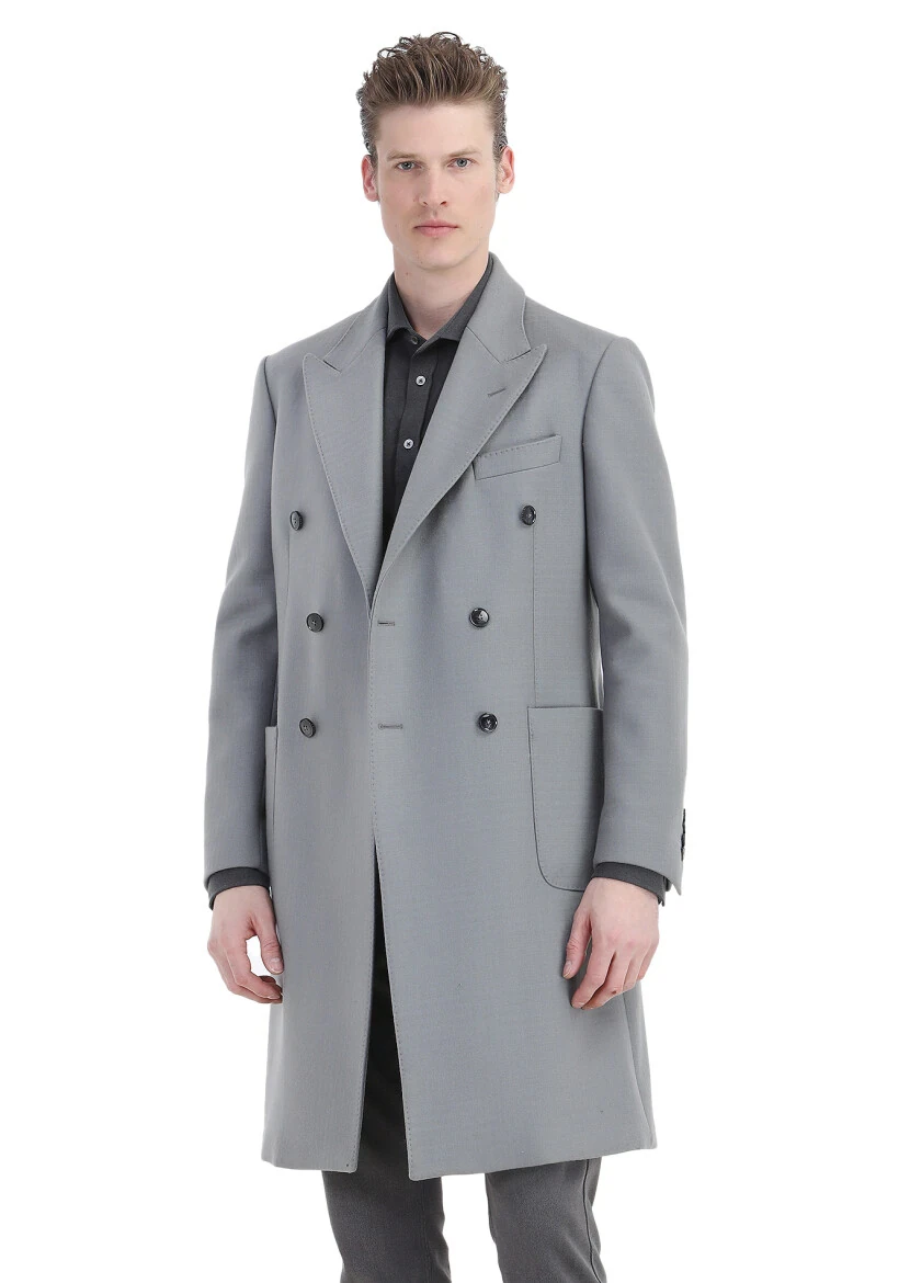 Grey Regular Fit Double Breasted Collar Casual Weaving Overcoat - 3