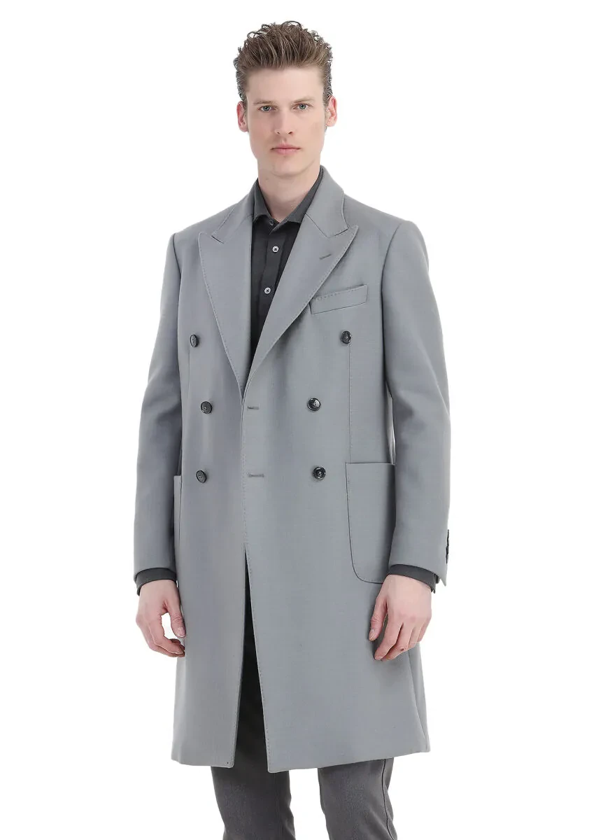 Grey Regular Fit Double Breasted Collar Casual Weaving Overcoat - 3