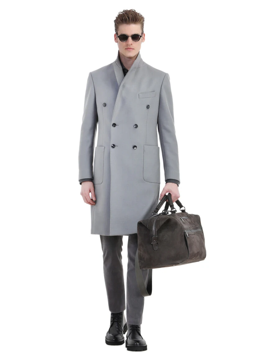 Grey Regular Fit Double Breasted Collar Casual Weaving Overcoat - 4