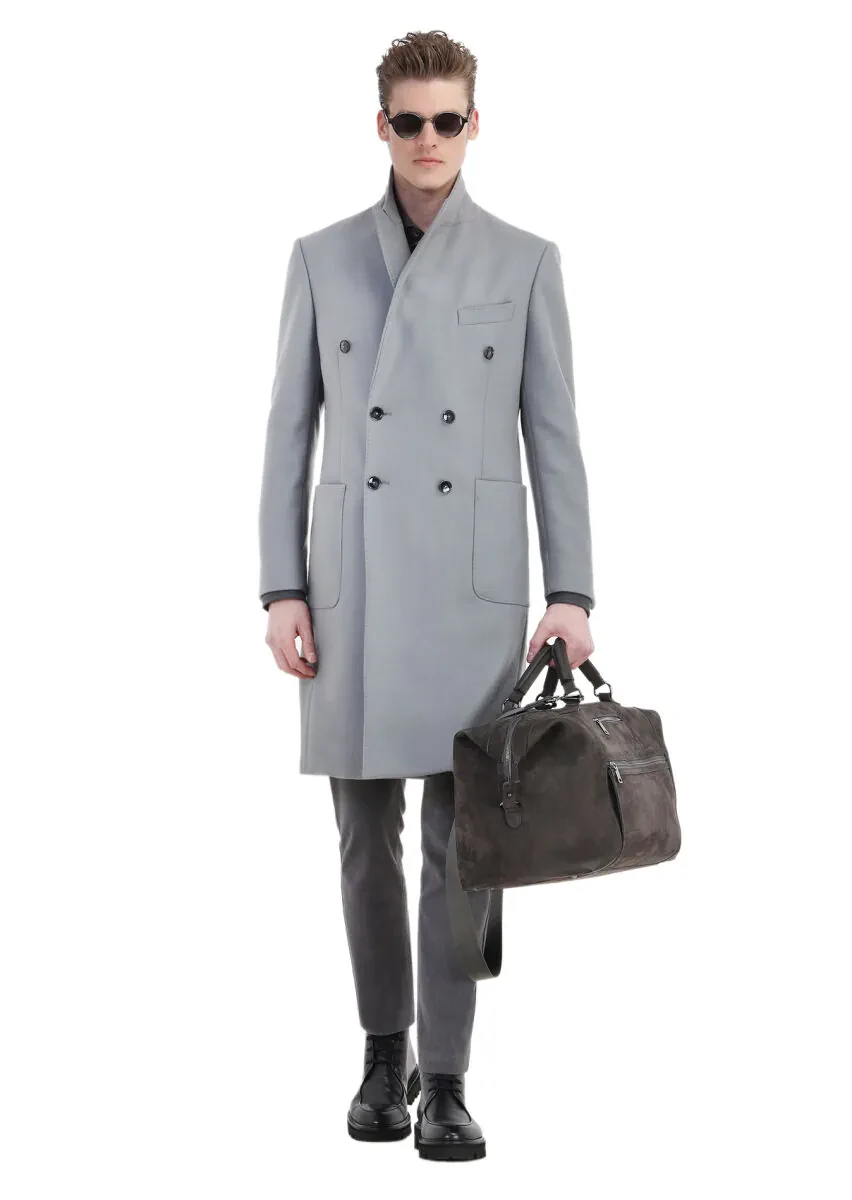 Grey Regular Fit Double Breasted Collar Casual Weaving Overcoat - 4