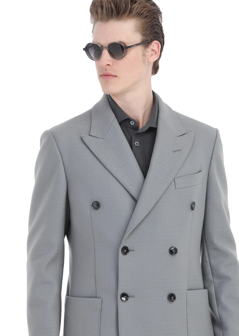 Grey Regular Fit Double Breasted Collar Casual Weaving Overcoat - 6